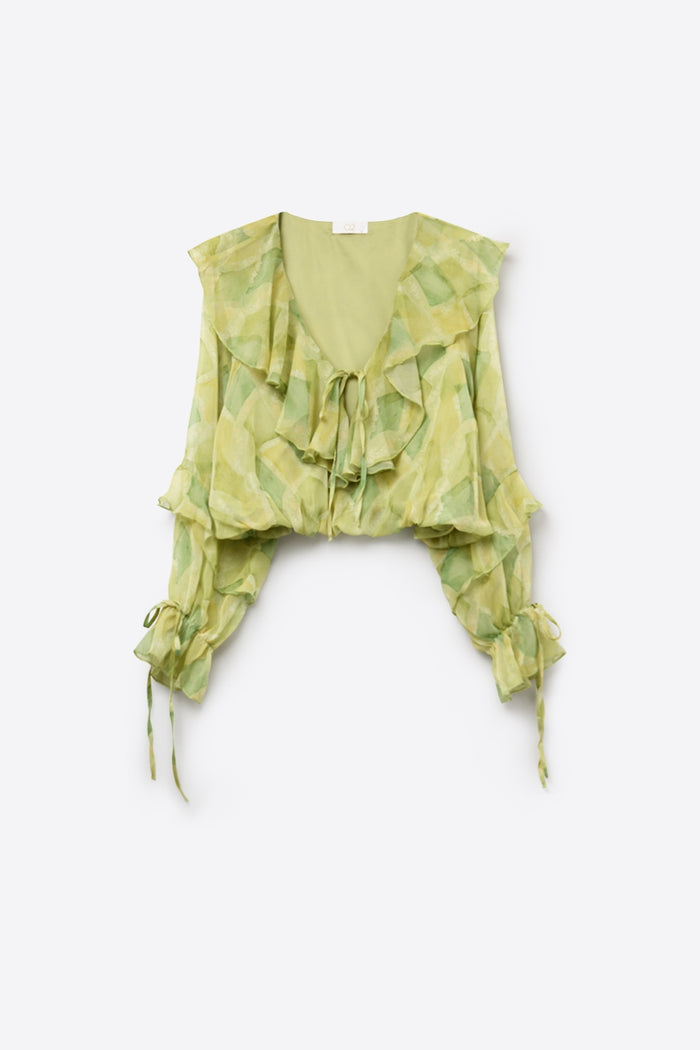 Light Green Ruffled Tie-Front Sheer Blouse