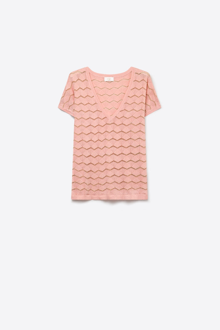 Light Pink Chevron Fine Knit V-Neck Short Sleeve Top