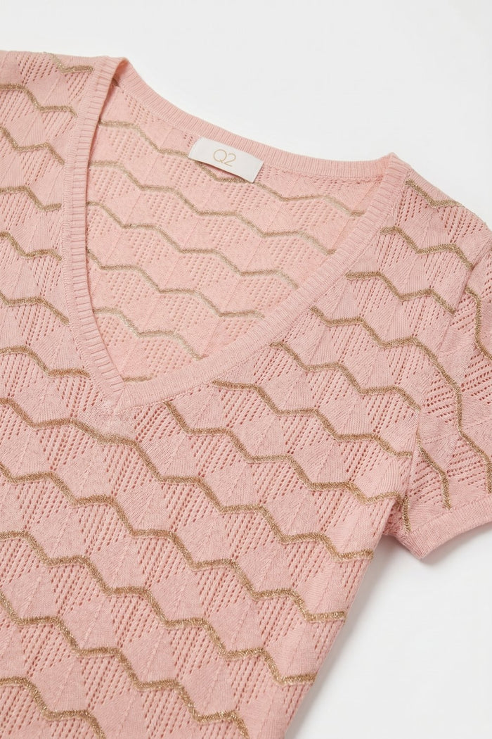 Light Pink Chevron Fine Knit V-Neck Short Sleeve Top