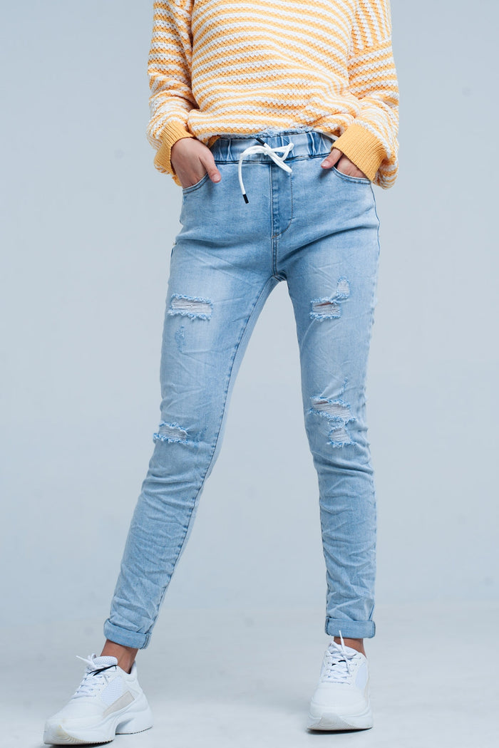 Light Wash Jogger with Drawstring Waistband - Denim
