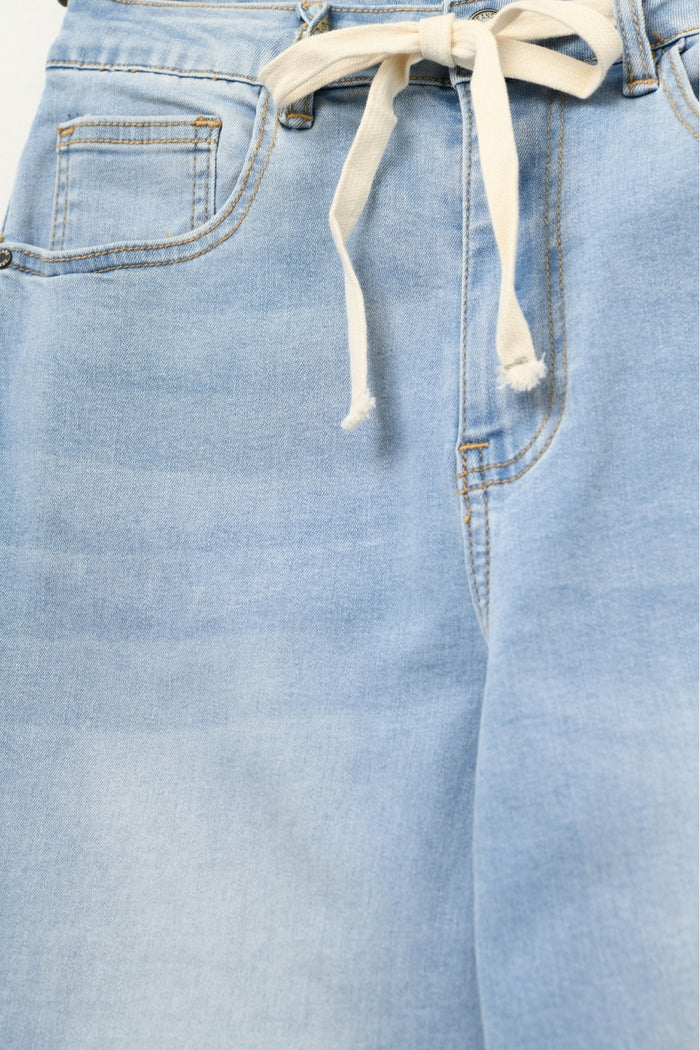 Light Wash Wide-Leg Jeans with Adjustable Drawstring Waist - Denim