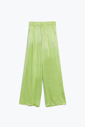 Lime Flared satin Pants With Pockets - trousers