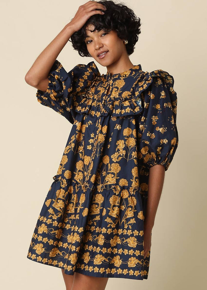 olivaceous navy gold floral mini dress fall
