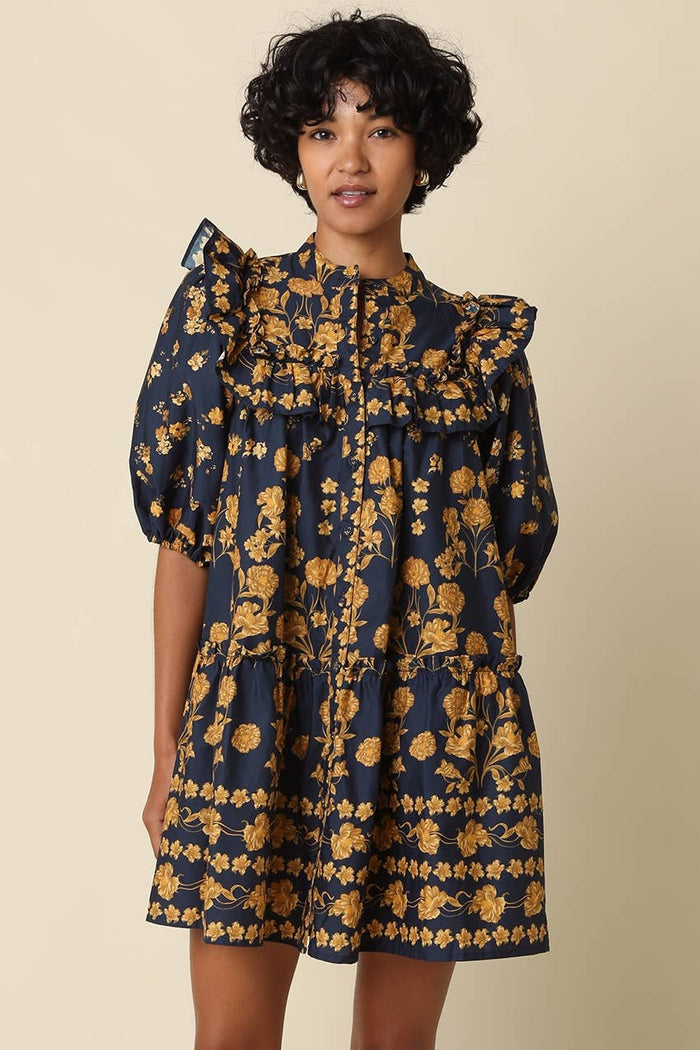 Lina Navy and Gold Floral Ruffle Mini Dress