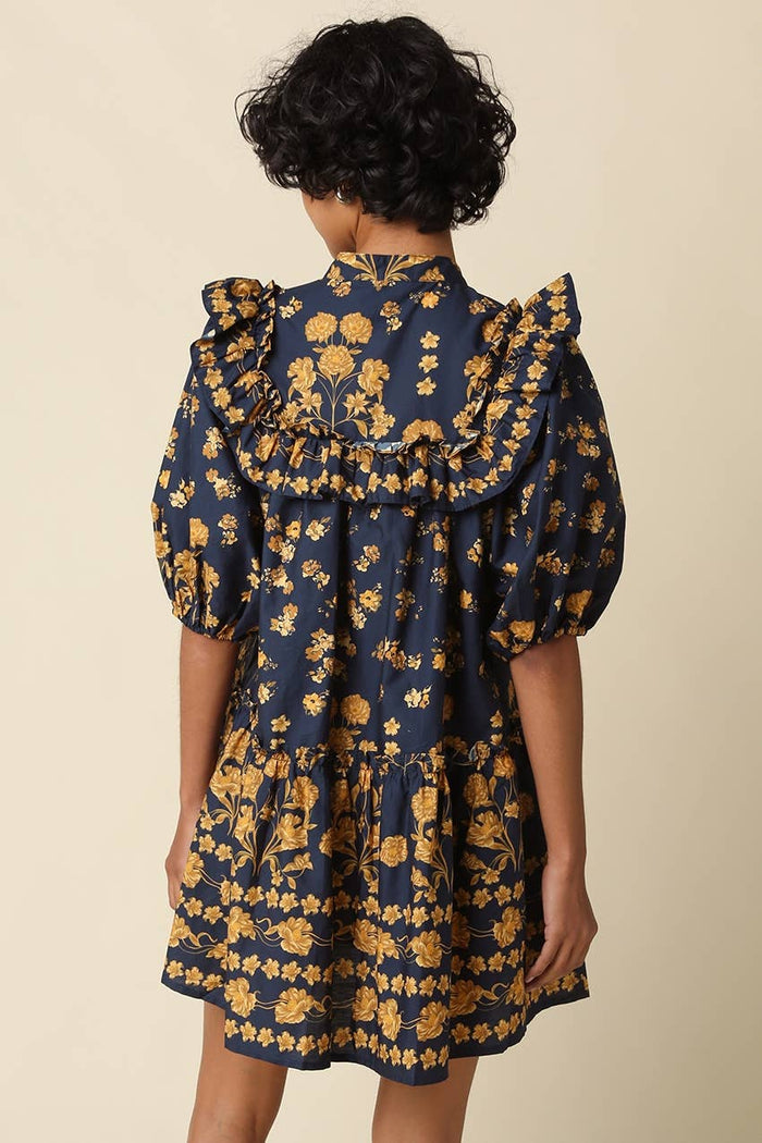 Lina Navy and Gold Floral Ruffle Mini Dress