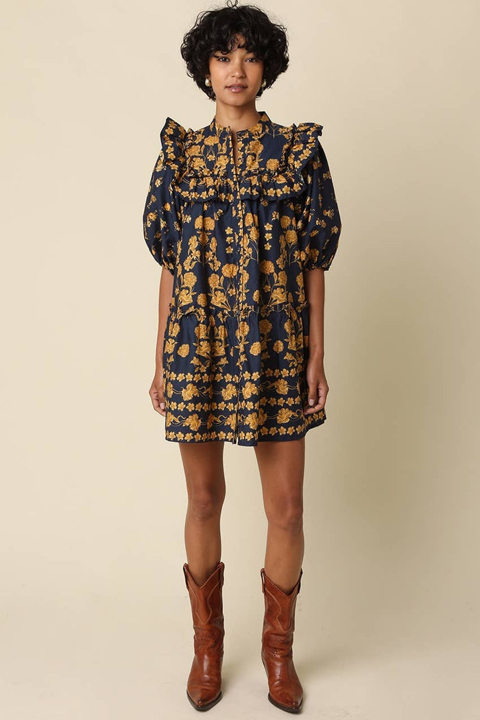 Lina Navy and Gold Floral Ruffle Mini Dress