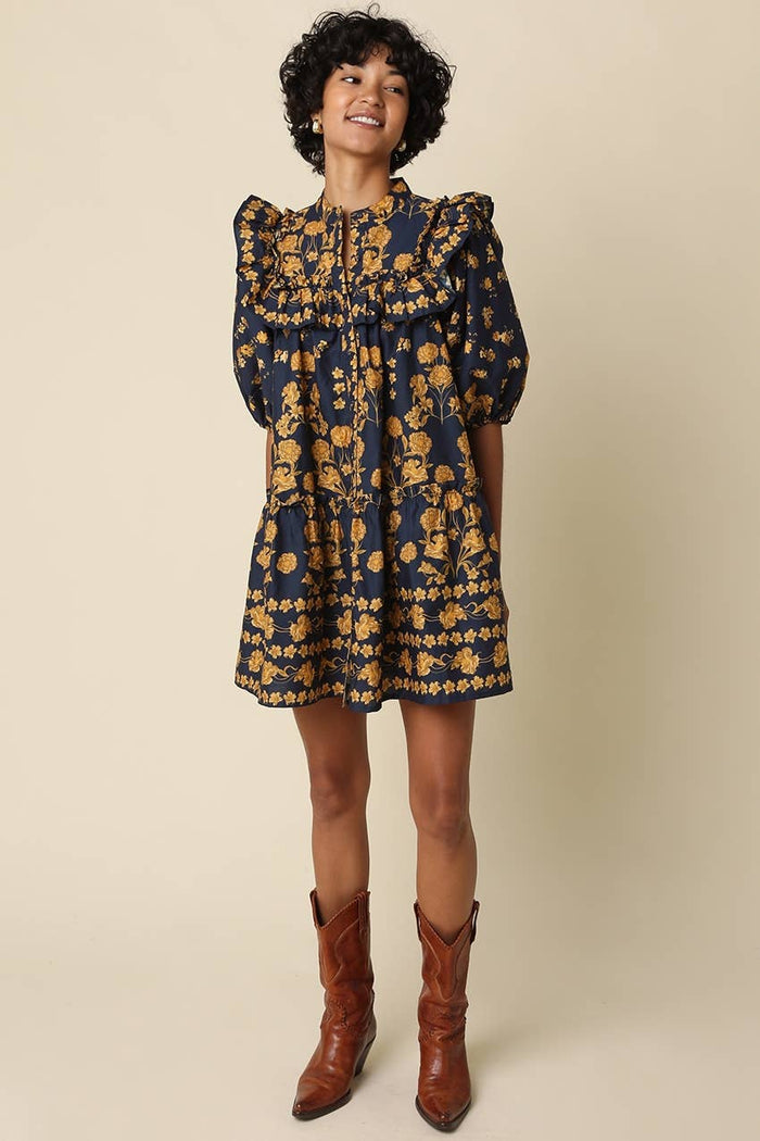 Lina Navy and Gold Floral Ruffle Mini Dress
