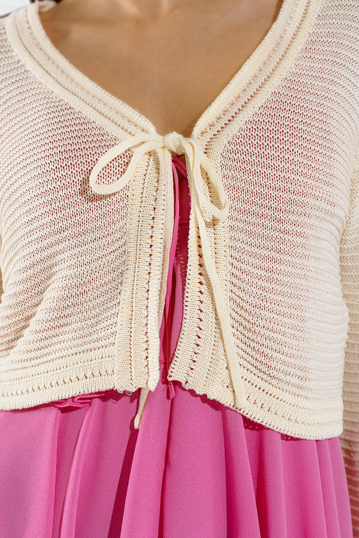 Long Bell Sleeve Knitted Cardigan in Cream With knot detail