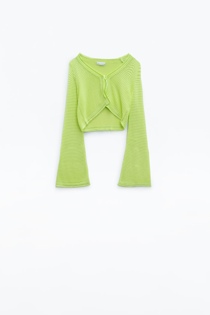 Long Bell Sleeve Knitted Cardigan in Lime Green With knot detail