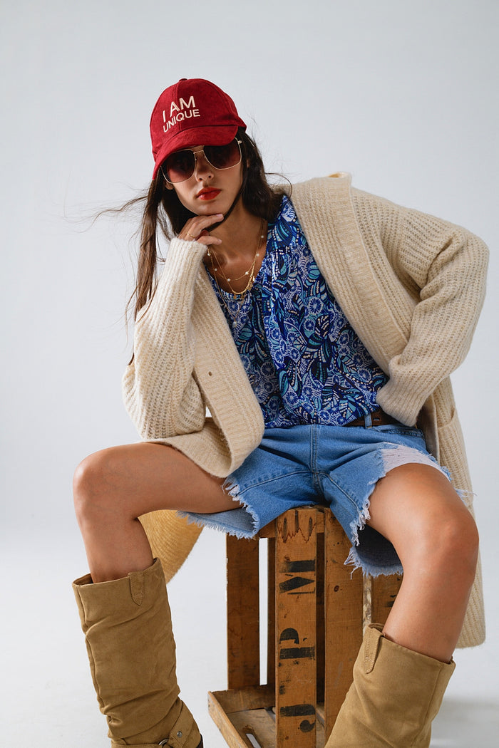 Long Ribbed Cardigan With Pockes and Hood in Cream