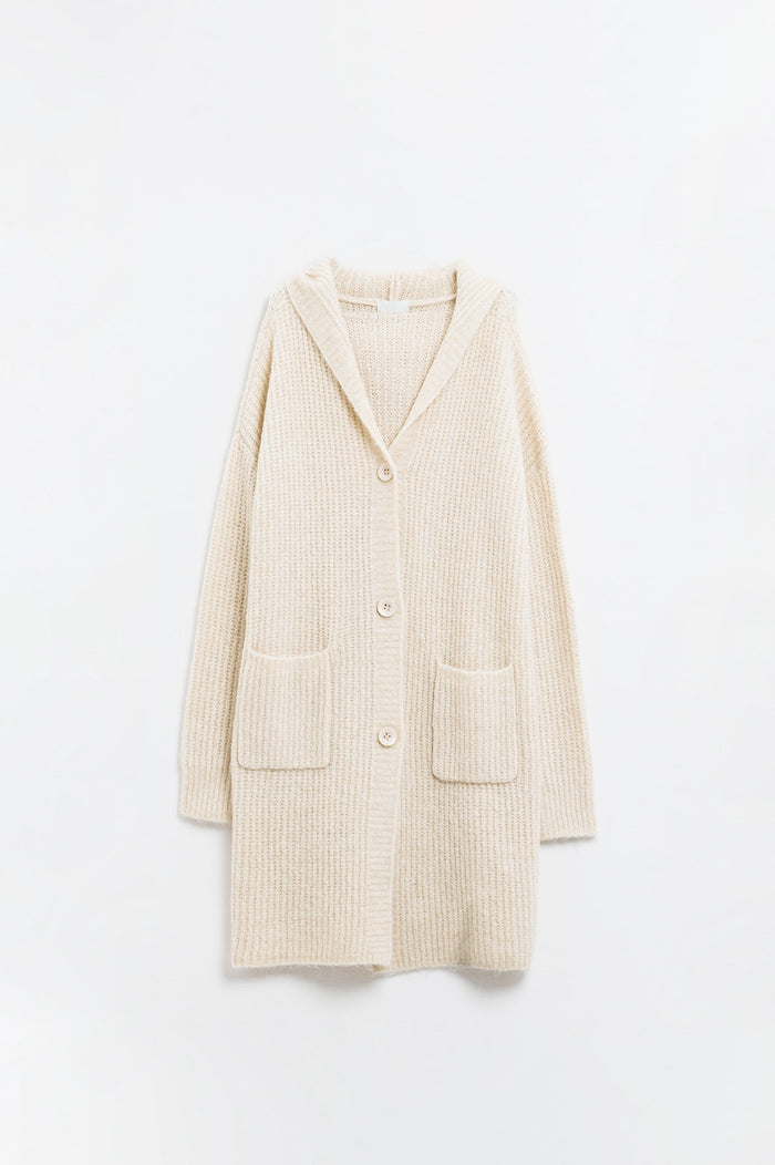 Long Ribbed Cardigan With Pockes and Hood in Cream