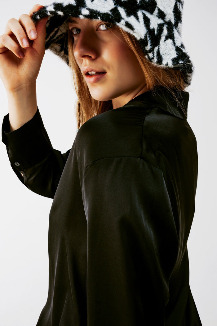 Long sleeve satin button front shirt in black - Shirts