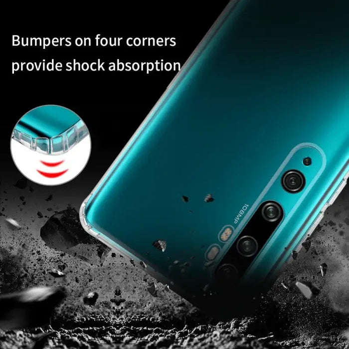 the back of a smartphone with a blue case and a black background