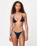 Front view of a model wearing the LSPACE black-cream Mac Bikini Top and Shane Bikini Bottom.