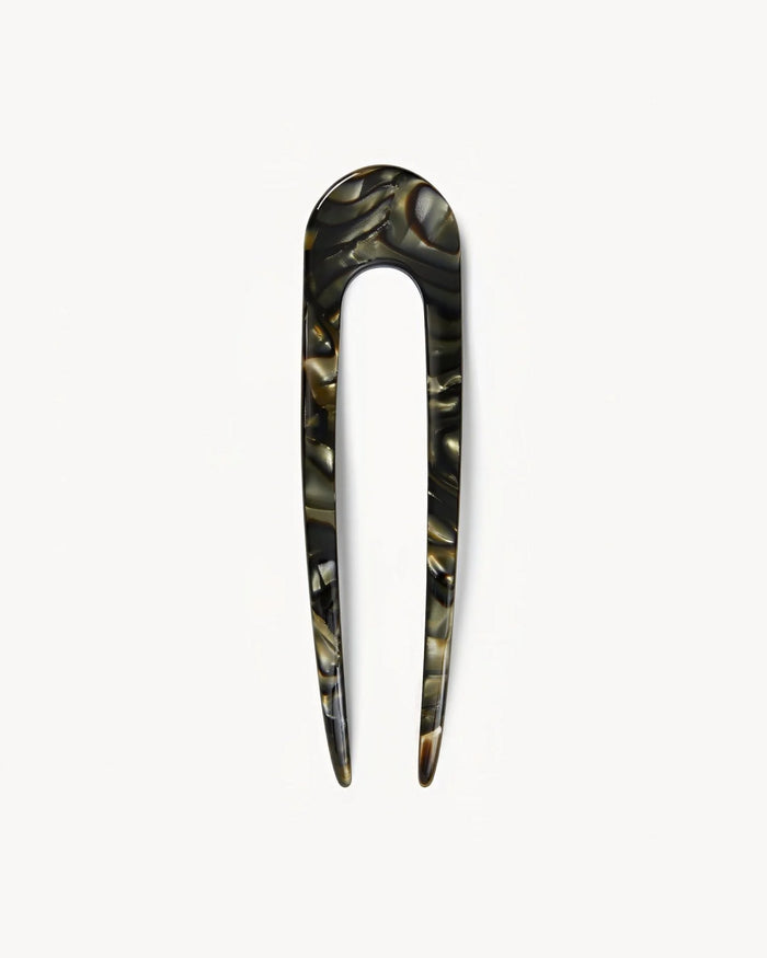 Off-model view of the midnight horn Machete French Hair Pin.
