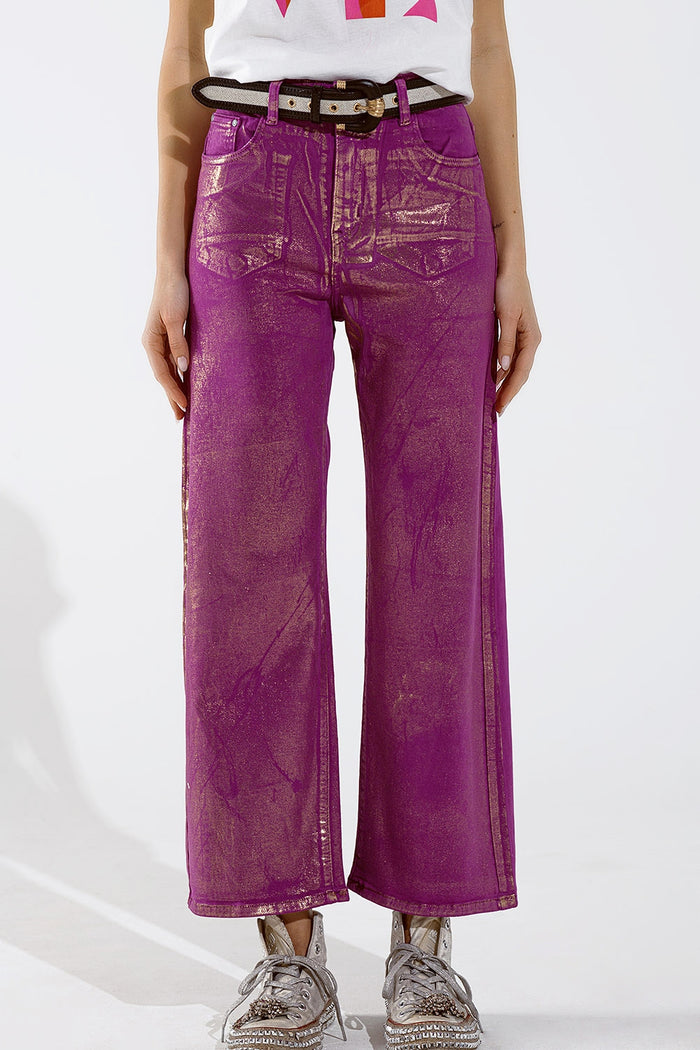 Magenta Wide Leg Jeans With Metallic Finish In Gold - Coloured Jeans