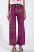 Magenta Wide Leg Jeans With Metallic Finish In Gold - Coloured Jeans