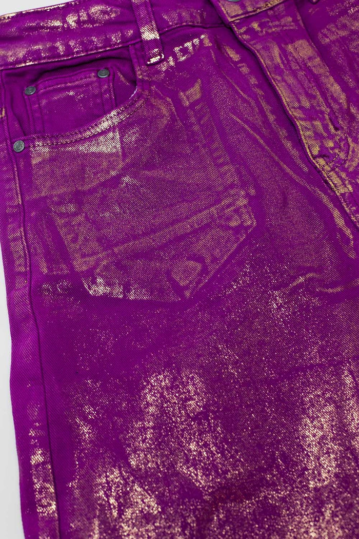 Magenta Wide Leg Jeans With Metallic Finish In Gold - Coloured Jeans