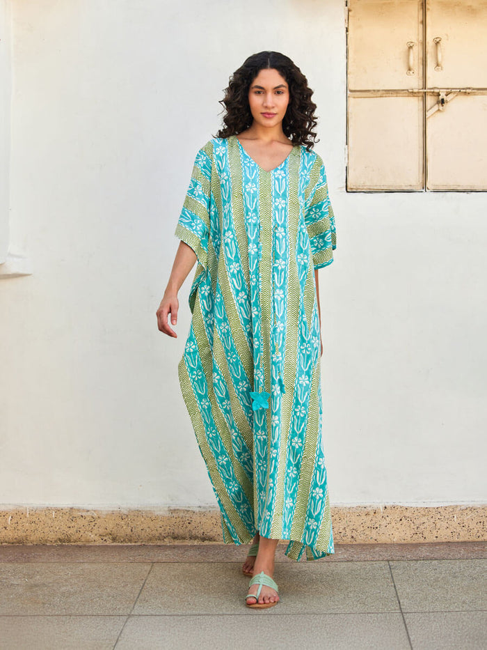 Turquoise & Green Women's Cotton Kaftan | Pinklay