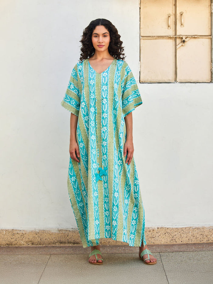 Turquoise & Green Women's Cotton Kaftan | Pinklay
