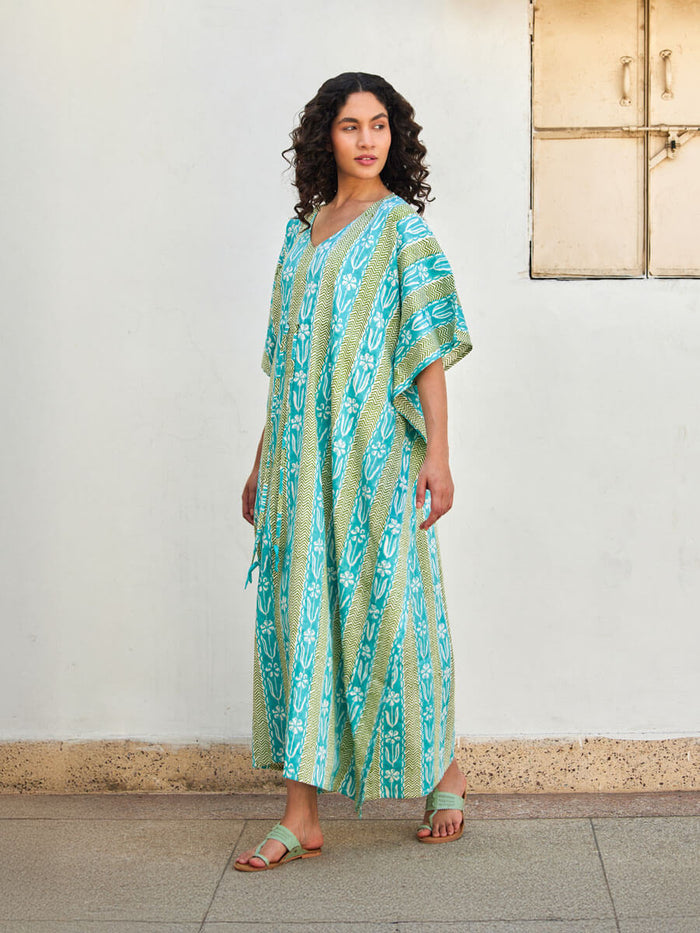 Turquoise & Green Women's Cotton Kaftan | Pinklay