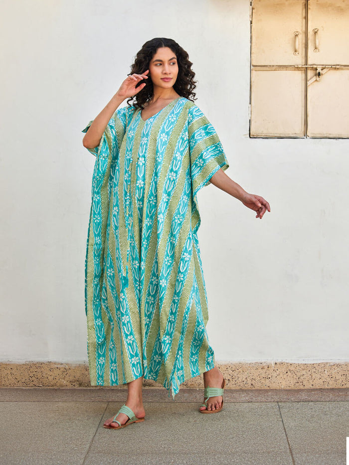 Turquoise & Green Women's Cotton Kaftan | Pinklay