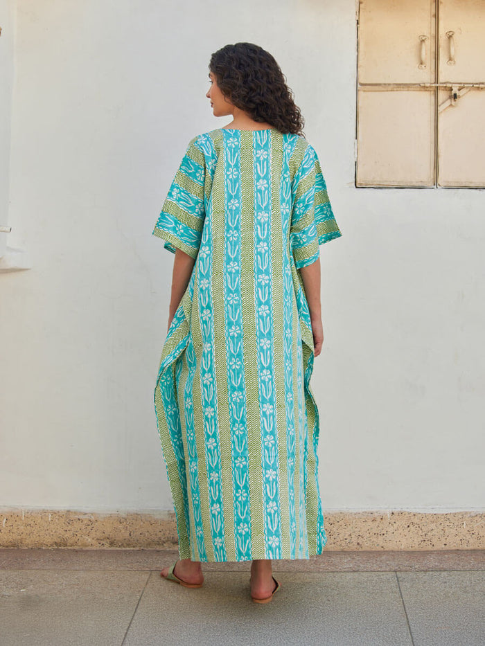 Turquoise & Green Women's Cotton Kaftan | Pinklay
