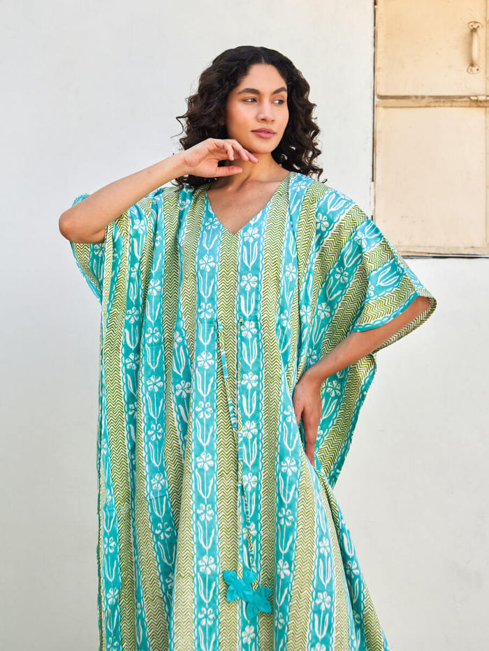 Turquoise & Green Women's Cotton Kaftan | Pinklay