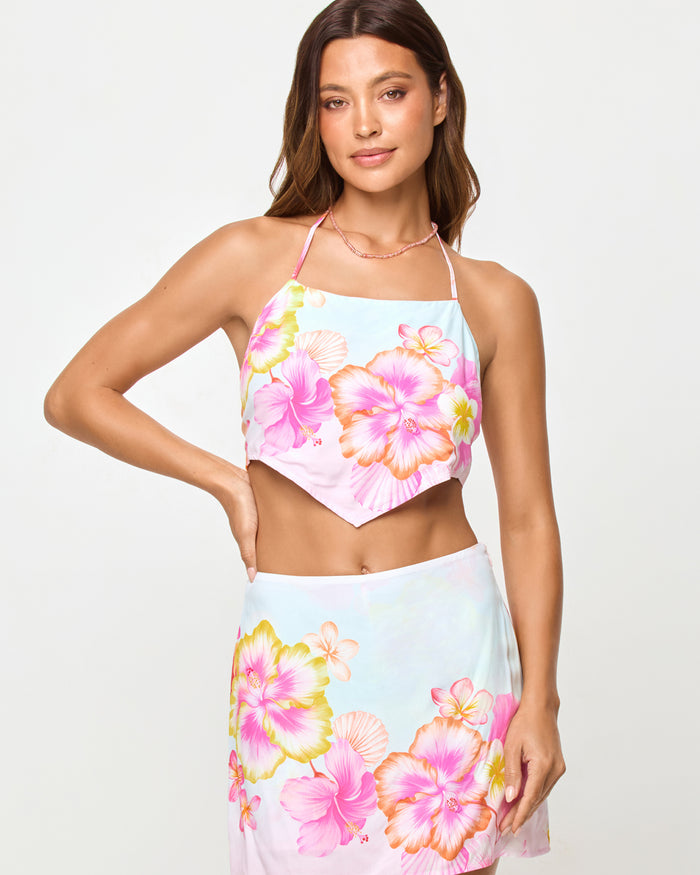 Hibiscus and Plumeria Oh My | Badge:New Arrival_#B2AC88_#ffffff'
LSPACE Maia Top and Venice Skirt in Hibiscus And Plumeria Oh My print, close-up front view on model.