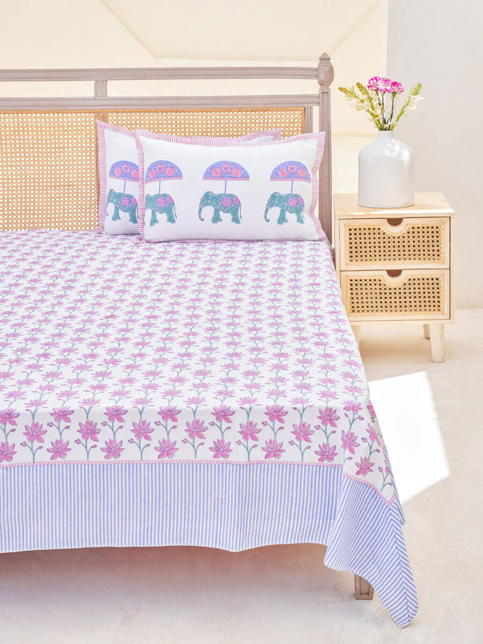 Magenta, Turquoise & Blue Hand Block Cotton Bedsheet & Pillow Covers