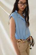 Mao Collar Sleeveless Blue Button up Blouse - Shirts