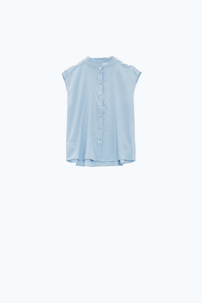 Mao Collar Sleeveless Blue Button up Blouse - Shirts