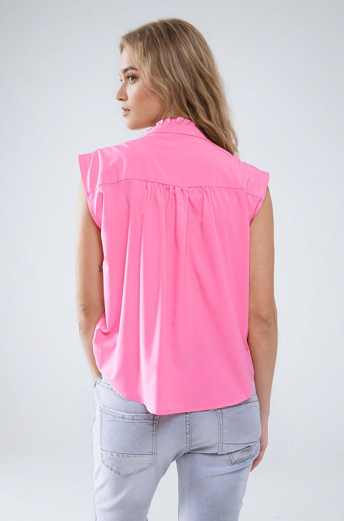 Mao Collar Sleeveless Pink Button up Blouse - Shirts