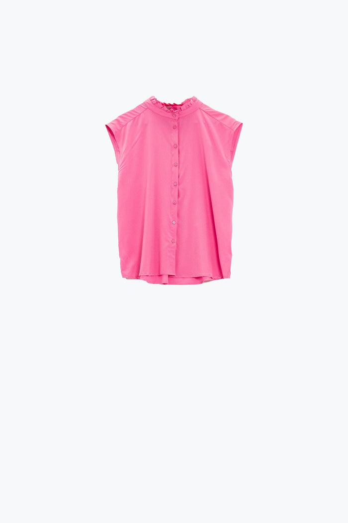 Mao Collar Sleeveless Pink Button up Blouse - Shirts