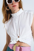 Mao collar Sleeveless White Button up Blouse - Shirts