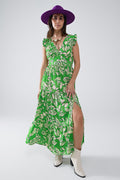 Maxi Cinched Waist Floral Print Dress in Green - dress