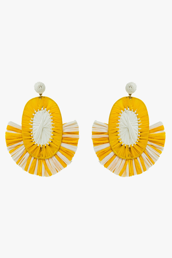 Maxi Dropped Raffia Earrings with Yellow and White Tassels