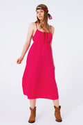 maxi fuchsia summer dress with straps and gathered waist - dress