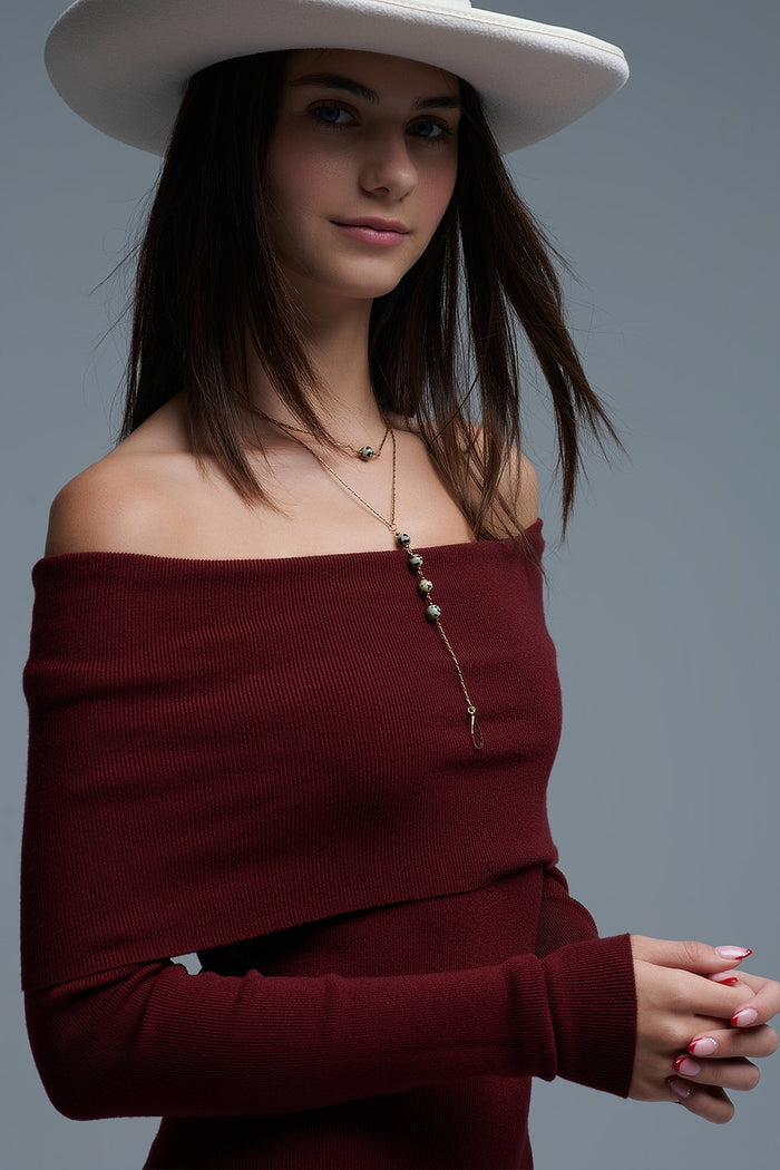 Maxi Knitted wide Bardot Dress in burgundy - dress, Dresses