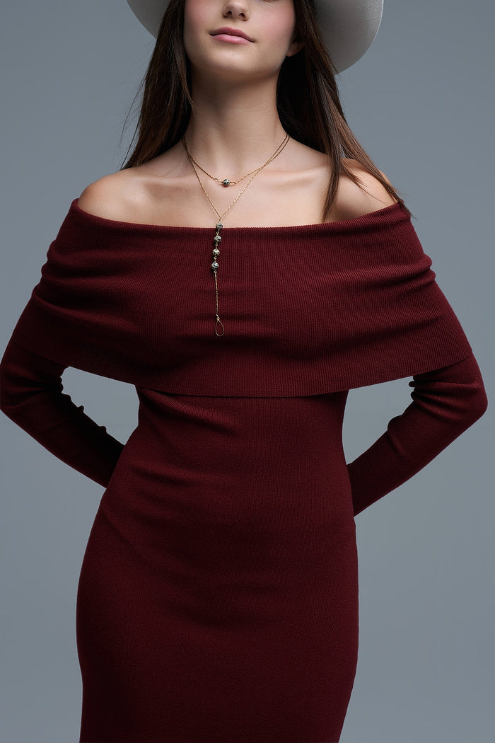 Maxi Knitted wide Bardot Dress in burgundy - dress, Dresses