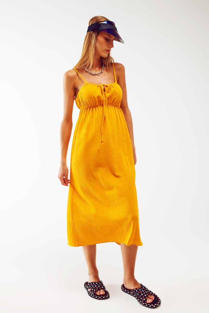 maxi yellow summer dress with straps and gathered waist - dress