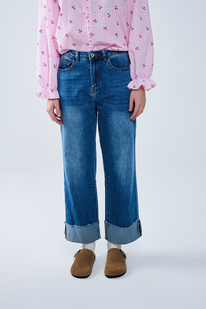 medium wash straight fit on cuffed hem jeans - Denim