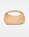 Off-model front view of the Mendoza Bag in natural, a structured woven raffia crescent hobo bag with a short curved top handle and zipper closure, on a white background.