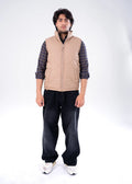 Men's beige quilted bubble jacket, full-zip stand collar, sleeveless outer layer