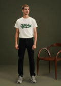 Black men's winter chino pants with straight fit, belt loops, and front button closure.