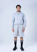 Men's light grey fleece drawstring sweat shorts with elastic waist, knee-length cut