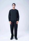 Men's winter sweatshirt in black, front view with long sleeves, crew neckline, and ribbed trim.