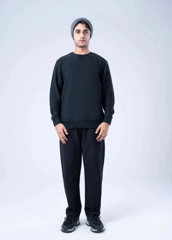 Men's winter sweatshirt in black, front view with long sleeves, crew neckline, and ribbed trim.