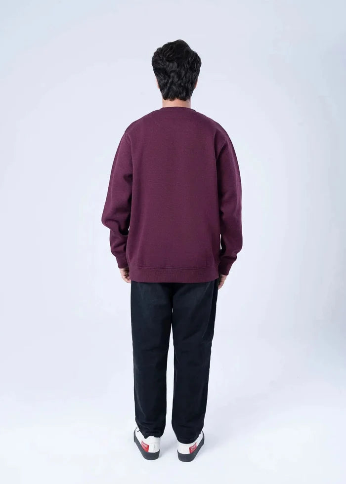 Men's burgundy terry sweatshirt back view, crewneck with ribbed cuffs and hem