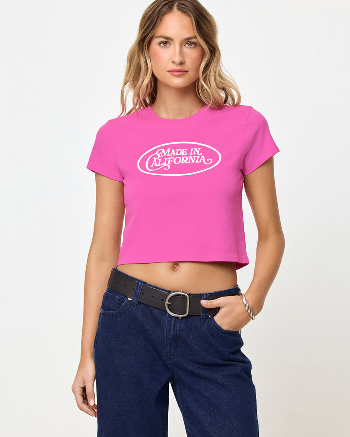 Made In California Sweetheart | Badge:New Arrival_#B2AC88_#ffffff'
Front view of model wearing the Merci Baby Tee in Sweetheart Made in California.